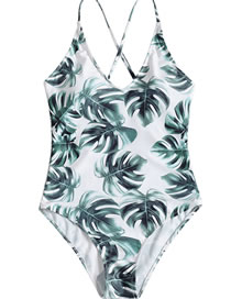 Fashion Printing Green Leaf Print Triangle One-piece Swimsuit