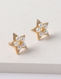 Fashion Gold Brass Gold Plated Star Stud Earrings With Diamonds And Pearls