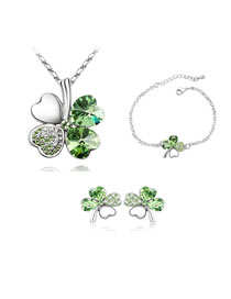 Fashion Fruit Green Alloy Diamond Clover Stud Earrings Bracelet Necklace Set