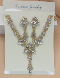 Fashion White Diamond Gold Plated Geometric Diamond Drop Earrings Necklace Set