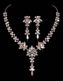 Fashion Champagne Diamond Plating Gold Geometric Diamond Drop Earrings Necklace Set