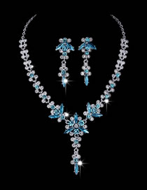 Fashion Aquamarine Diamond Electroplating Silver Geometric Diamond Drop Earrings Necklace Set