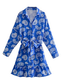 Fashion Blue Cotton Print Lace-up Dress