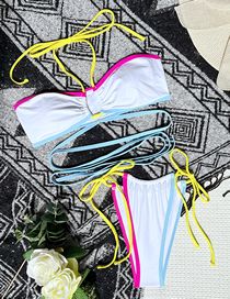 Fashion White Nylon Colorblock Halter Tie Split Swimsuit