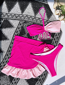 Fashion Rose Powder Three-piece Nylon Colorblock Lace-up Knotted Split Swimsuit