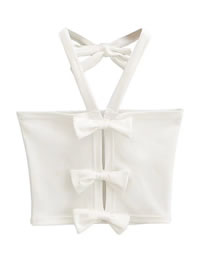Fashion White Solid Color Halterneck Cutout Bow Vest