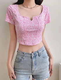 Fashion Pink Cotton Print Herringbone Short Sleeves