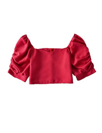Fashion Red Solid Color Cotton Linen Puff Sleeves Square Neck Short Sleeves