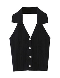 Fashion Black Single-breasted Knitted Vest With Lapel Halter V-neck