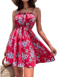 Fashion Rose Red Polyester Print Slip Dress