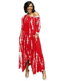 Fashion Red Polyester Wide Neck Tie Dye Dress