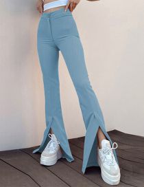Fashion Light Blue Solid Color Slit Flared Trousers