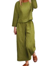 Fashion Green Solid Color Long Sleeve Top Wide Leg Pants Set