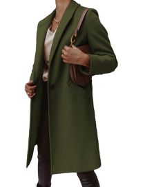 Fashion Armygreen Solid Color Lapel Button Wool Coat