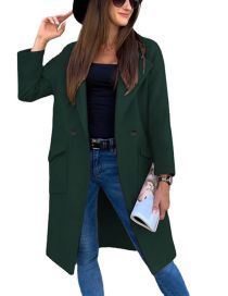 Fashion Dark Green Solid Color Suit Collar Pocket Wool Jacket