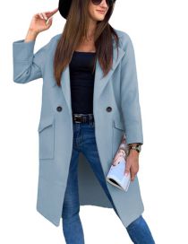 Fashion Sky Blue Solid Color Suit Collar Pocket Wool Jacket