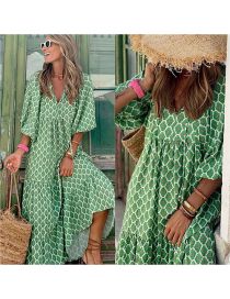 Fashion Light Green Polyester Print V-neck Dress