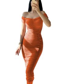 Fashion Orange Solid Color One-shoulder Pleated Dress