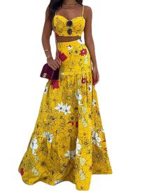 Fashion Yellow Polyester Print Tank Top Skirt Set