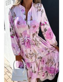 Fashion Pink Flower Polyester Print Lace-up V-neck Dress