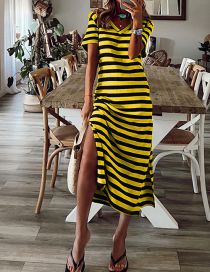 Fashion Yellow Polyester Stripe V-neck Slit Dress