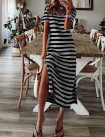 Fashion Grey Polyester Stripe V-neck Slit Dress