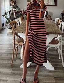 Fashion Pink Polyester Stripe V-neck Slit Dress