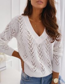 Fashion White Solid V-neck Cutout Sweater