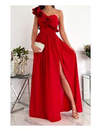 Fashion Red Polyester Ruffled One-shoulder Slit Dress