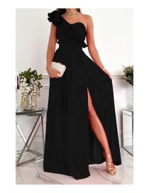 Fashion Black Polyester Ruffled One-shoulder Slit Dress