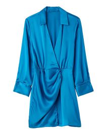 Fashion Blue Silk Satin V-bow Tie Dress