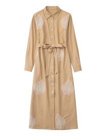 Fashion Khaki Cotton And Linen Print Lace-up Dress