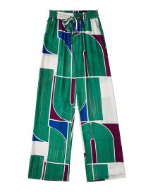 Fashion Green Geometric Print Lace-up Straight-leg Trousers