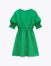 Fashion Green Cotton Neck Waist V-neck Dress