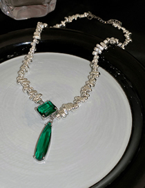 Fashion Necklace - Green Cracked Silver Beaded Square Zirconia Necklace