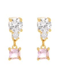 Fashion Gold + Light Pink Brass Set Square Zirconia Stud Earrings