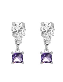 Fashion Silver + Purple Copper Zircon Square Stud Earrings