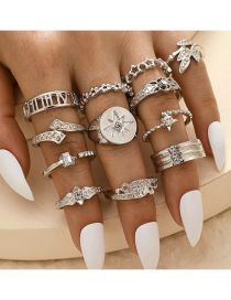 Fashion Silver Alloy Diamond Star Leaf Geometric Ring Set