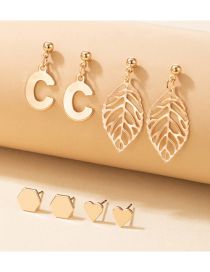 Fashion Gold Alloy Geometric Letter Hollow Leaves Heart Pentagon Stud Earrings Set