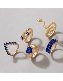 Fashion Blue Alloy Diamond Heart Serpent Geometric Ring Set