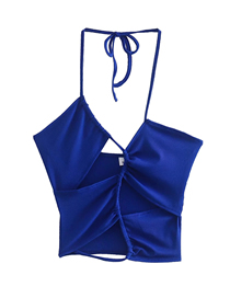 Fashion Blue Woven Halterneck Lace-up Top