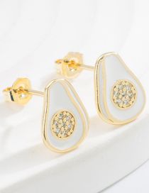 Fashion White Brass Gold Plated Zirconium Drop Oil Avocado Stud Earrings