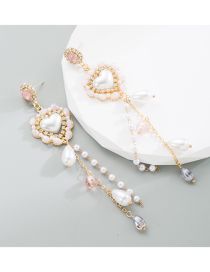 Fashion Pink Geometric Diamond Pearl Fringe Heart Drop Earrings