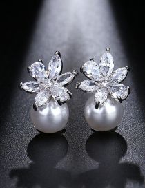 Fashion Silver Alloy Set Zirconium Flower Pearl Stud Earrings