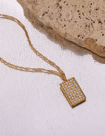 Fashion Gold Stainless Steel Inlaid Zirconium Plaid Square Necklace