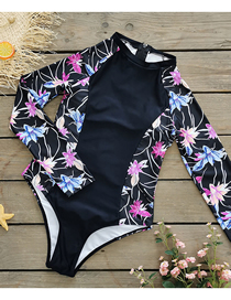 Fashion Black And Blue Pink Flowers Polyester Panel Print One-piece Swimsuit