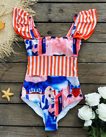 Fashion Orange And White Striped Print Polyester Print Fly-sleeve One-piece Swimsuit