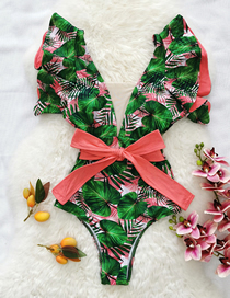 Fashion Foundation Green Leaves Polyester Print Ruffle Tie One Piece Swimsuit