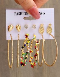 Fashion Gold Alloy Diamond Pineapple Wrap Rice Bead Hoop Earrings Set