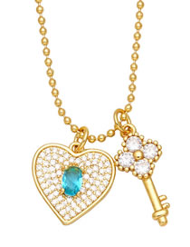 Fashion Light Blue Brass Diamond Heart Key Necklace
